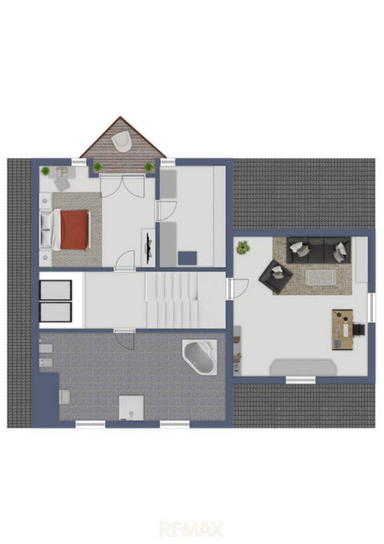 Grundriss des Obergeschosses mit Schlafzimmern und Badezimmer.