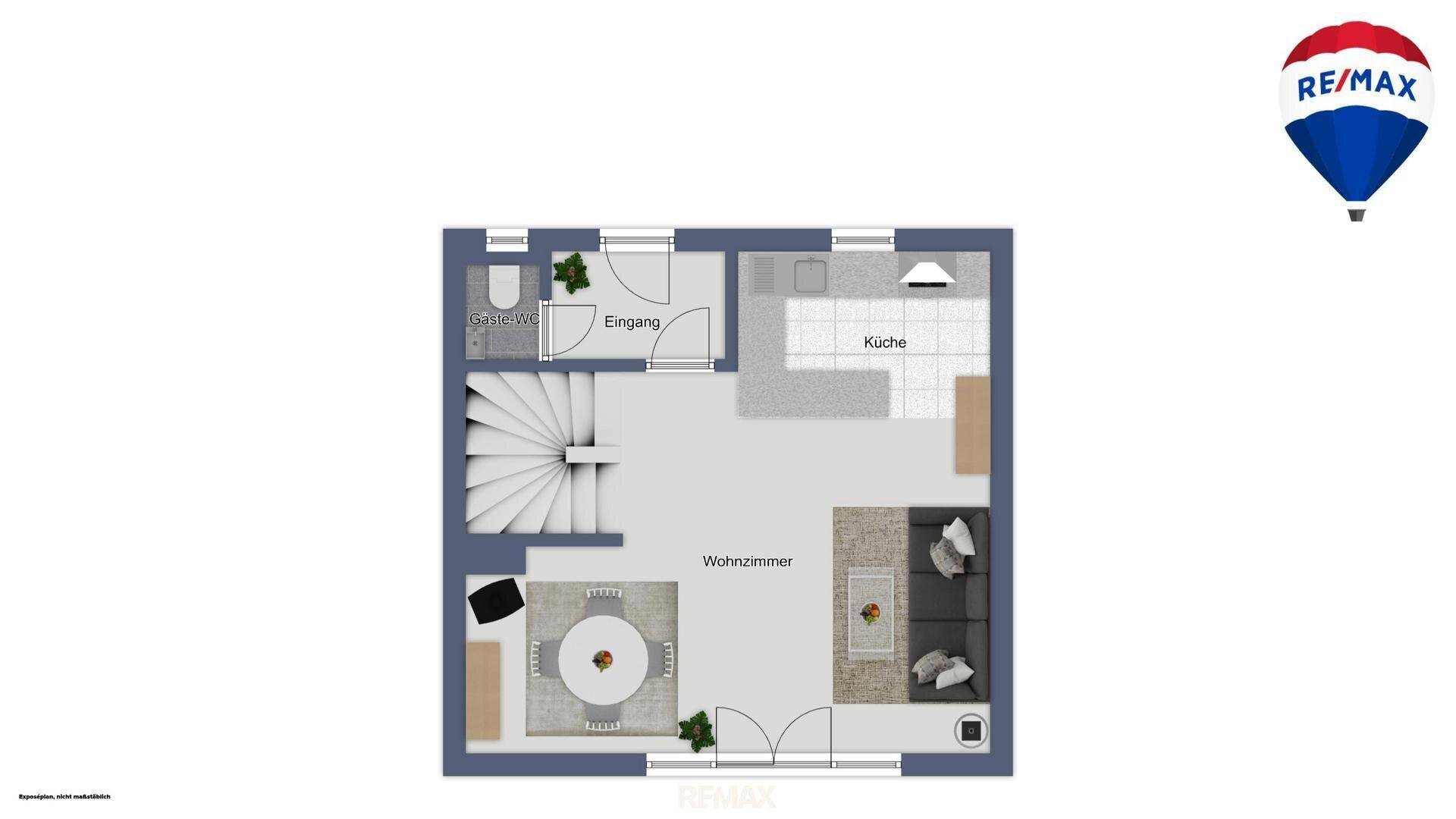 Grundriss des Erdgeschosses mit Wohnzimmer, Küche und Eingangsbereich.