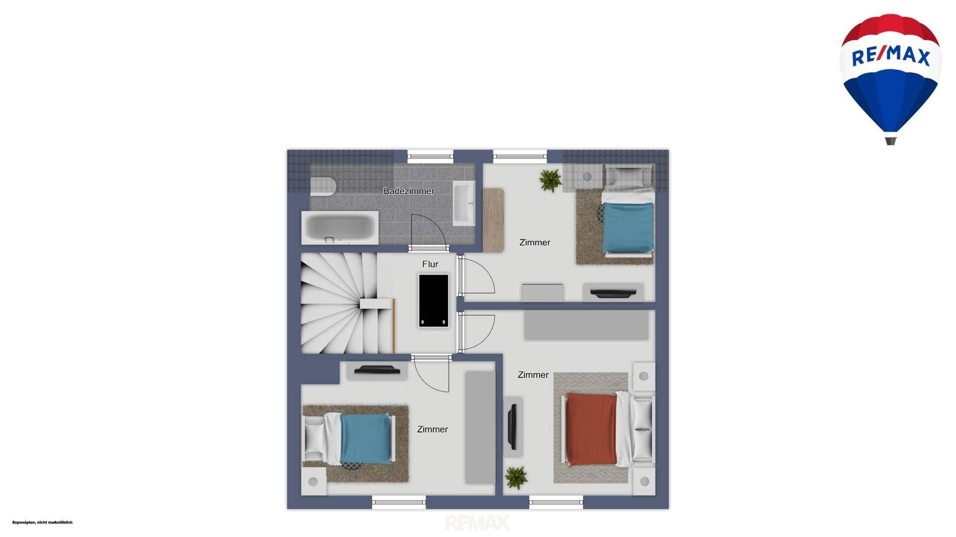 Grundriss des Obergeschosses mit drei Schlafzimmern und einem Badezimmer.
