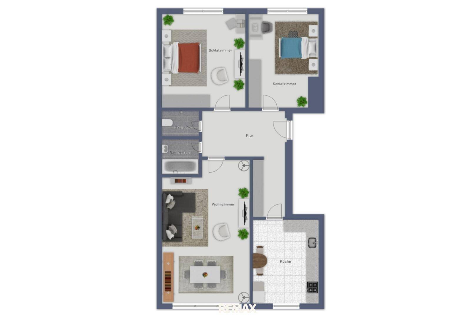 Visualisierter Grundriss mit drei Schlafzimmern, Wohnbereich und Balkon.