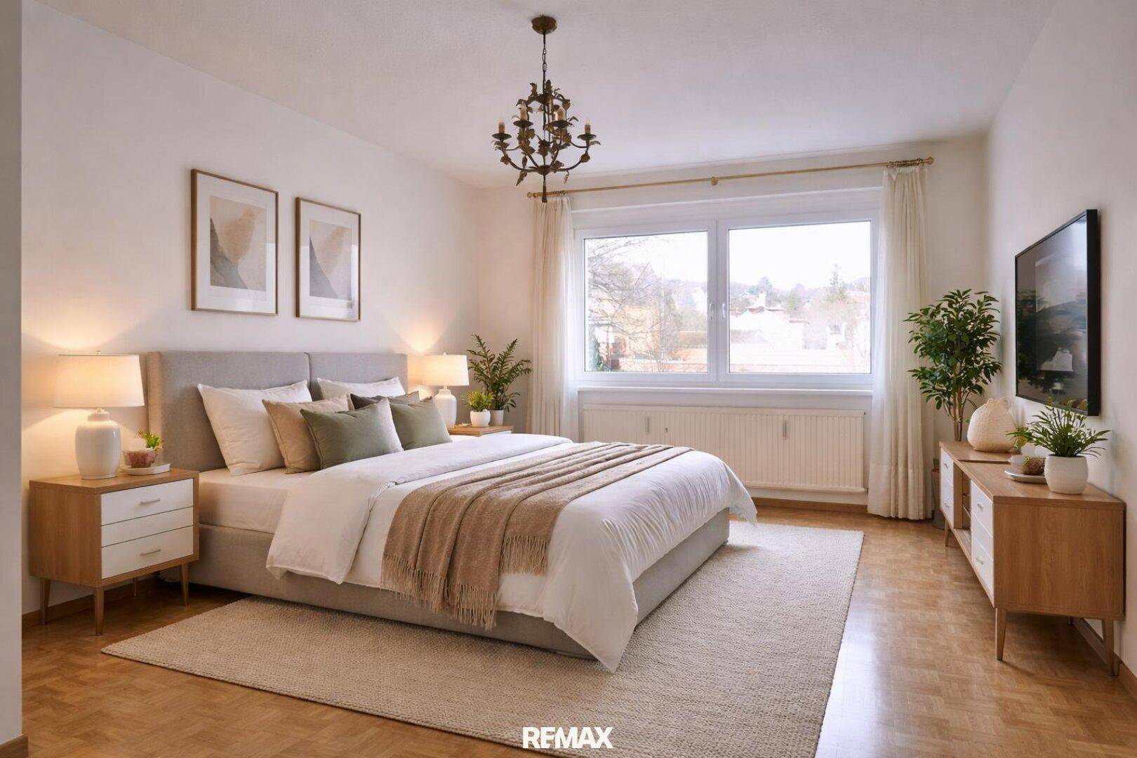 Modern eingerichtetes Schlafzimmer mit Doppelbett, Holzboden und großem Fenster für viel Licht.
