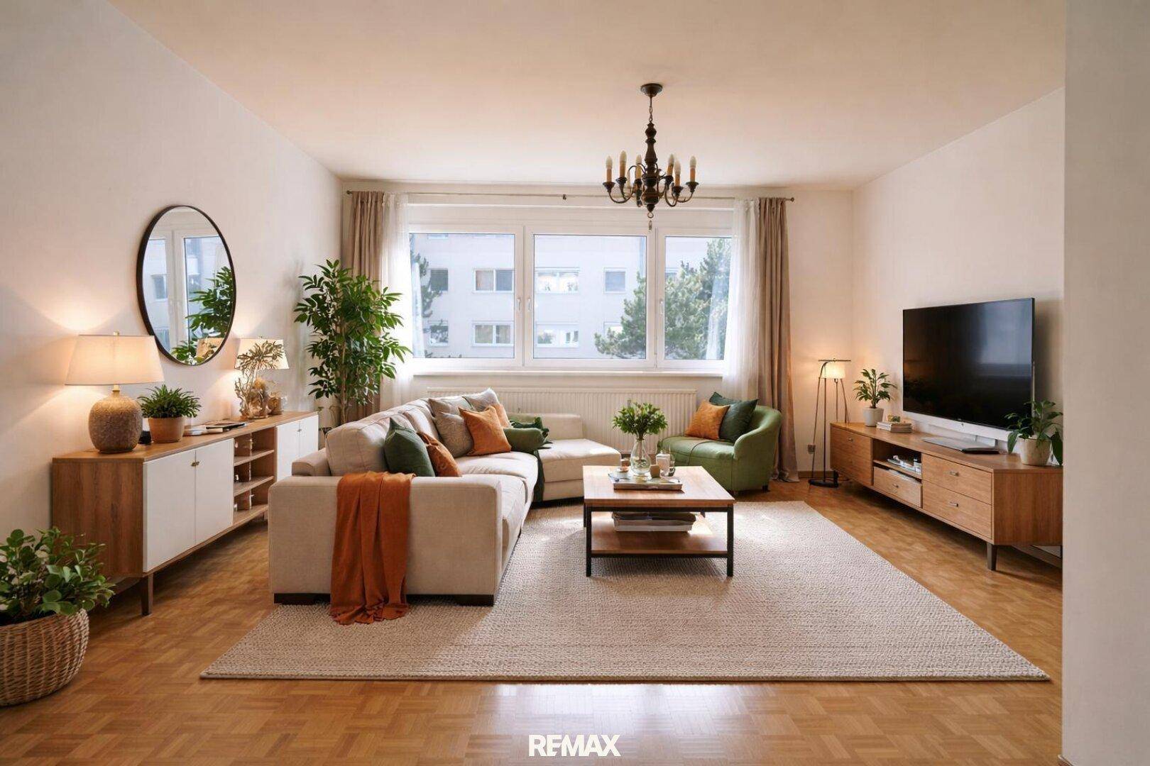 Helles Wohnzimmer mit modernem Sofa, Holzboden und Blick ins Grüne durch das große Fenster.