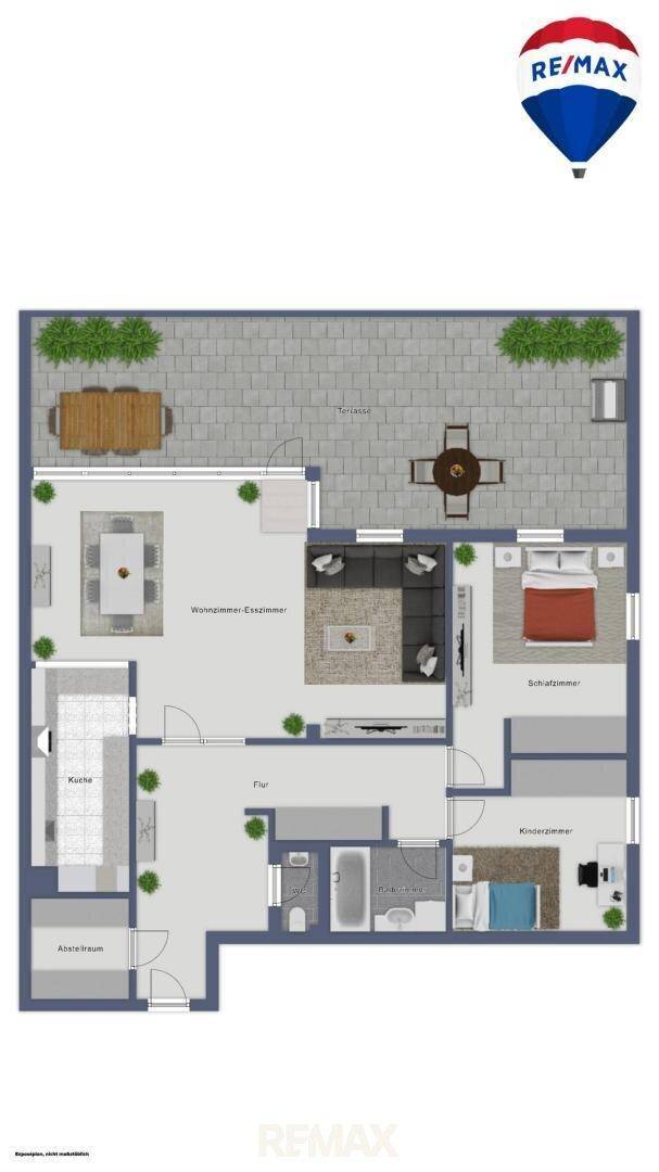 Detaillierter Grundriss mit Möblierung, Terrasse und Raumaufteilung der Wohnung.
