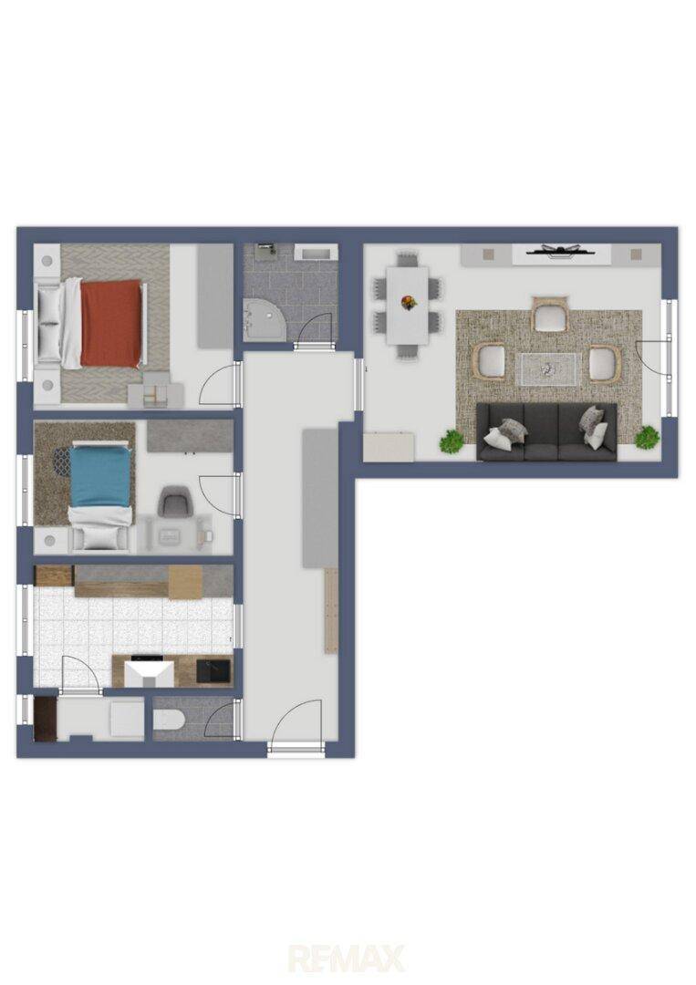 Übersichtlicher Grundriss der Wohnung mit drei Zimmern, Küche und Bad, inklusive Balkon.