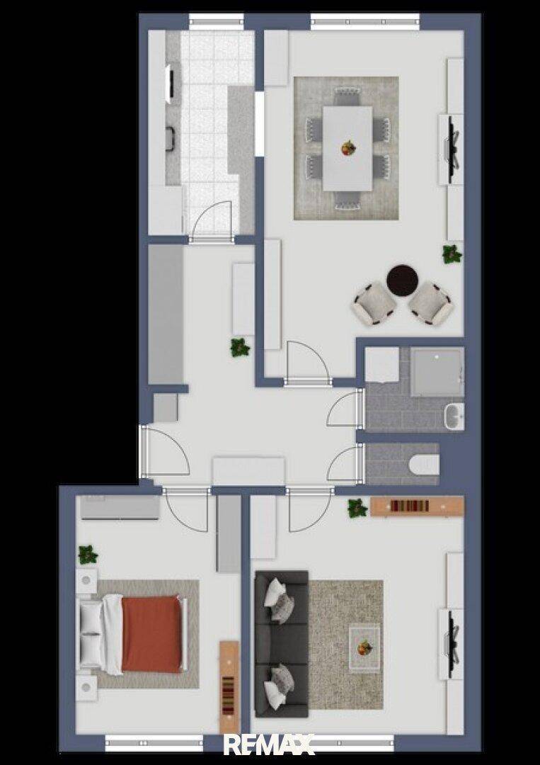 Detaillierter Grundriss einer Wohnung mit Küche, Wohn-Essbereich, Bad und zwei Schlafzimmern.