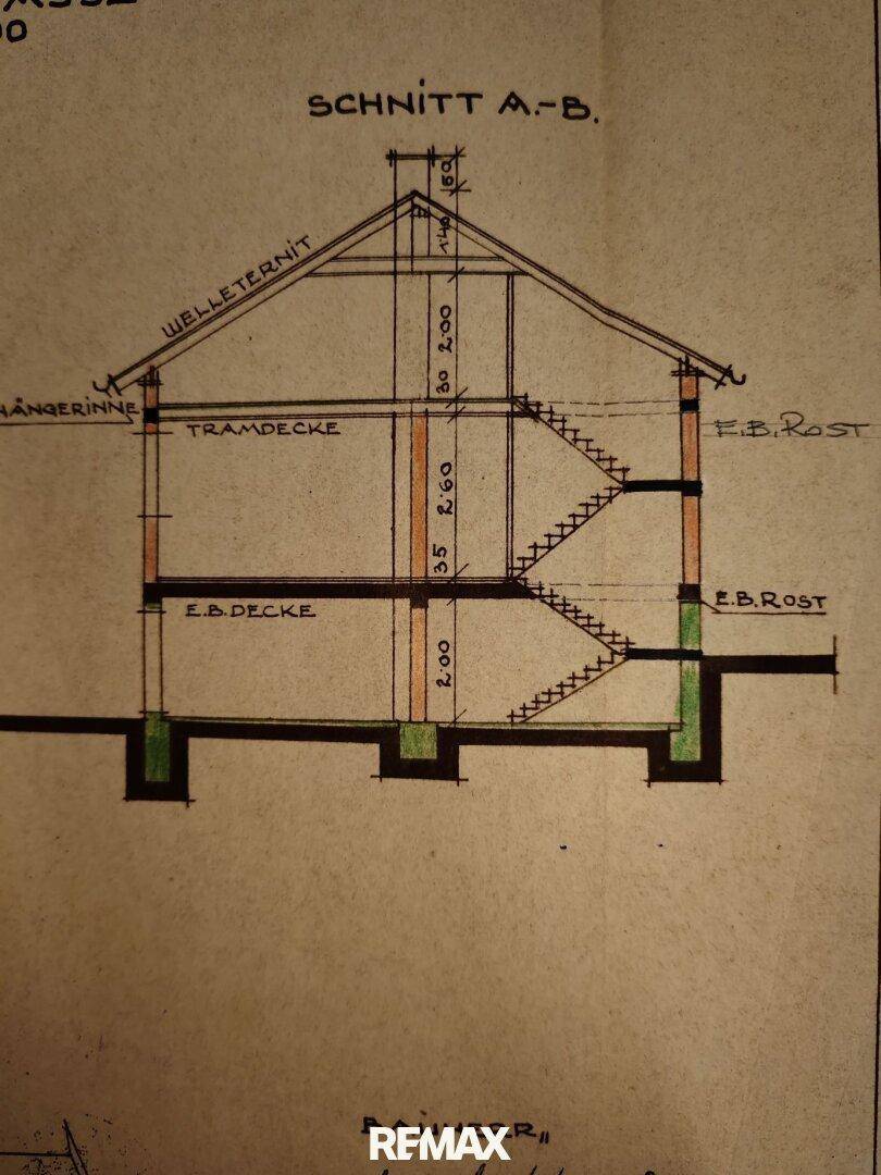 Architektonischer Schnittplan des Gebäudes zeigt die Geschosse und Dachkonstruktion.