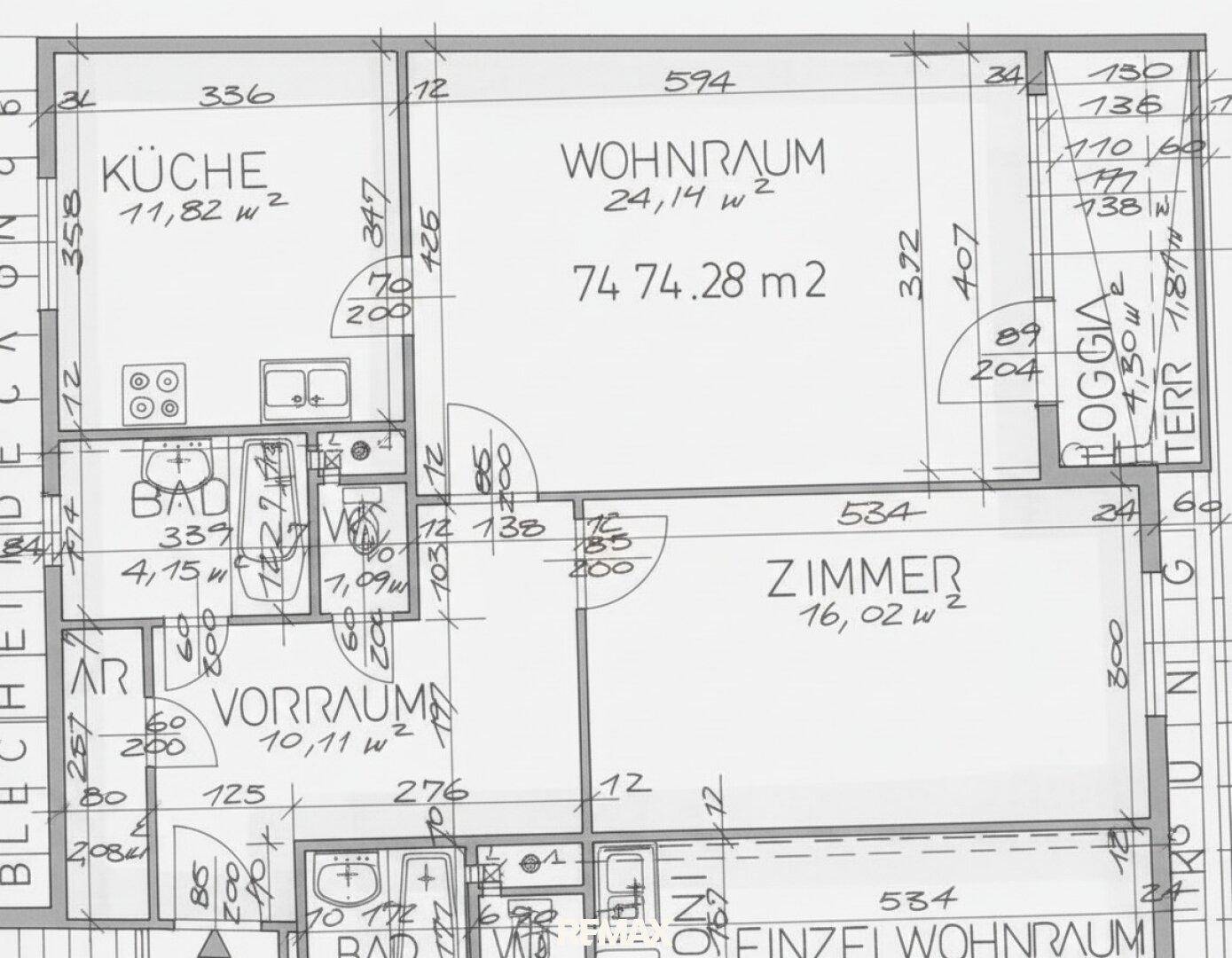 Detaillierter Grundriss einer Wohnung mit Wohnraum, Küche, Zimmer und Loggia.