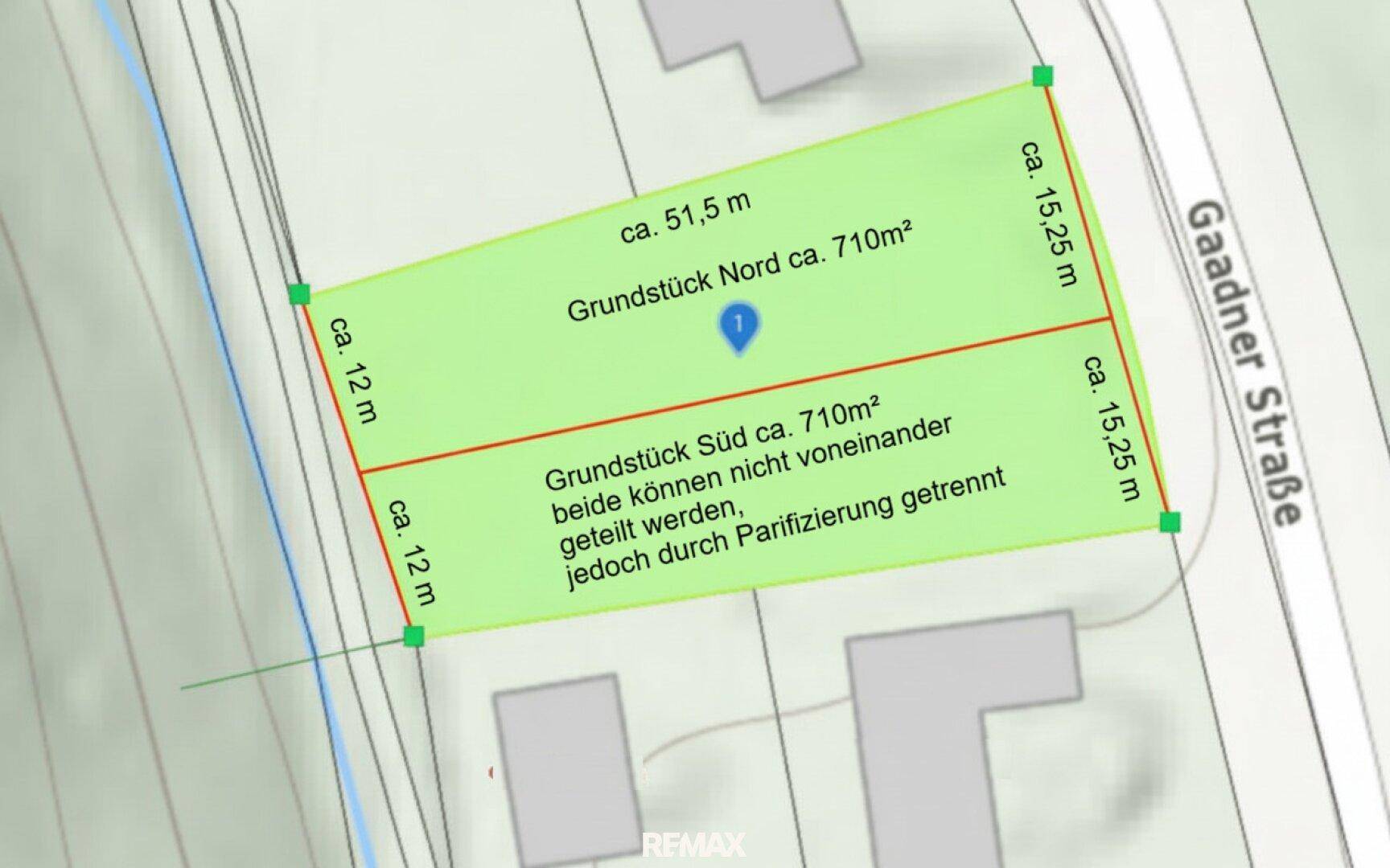 Katasterplan mit den Abmessungen und der Aufteilung der beiden Grundstücke an der Gaadner Straße.