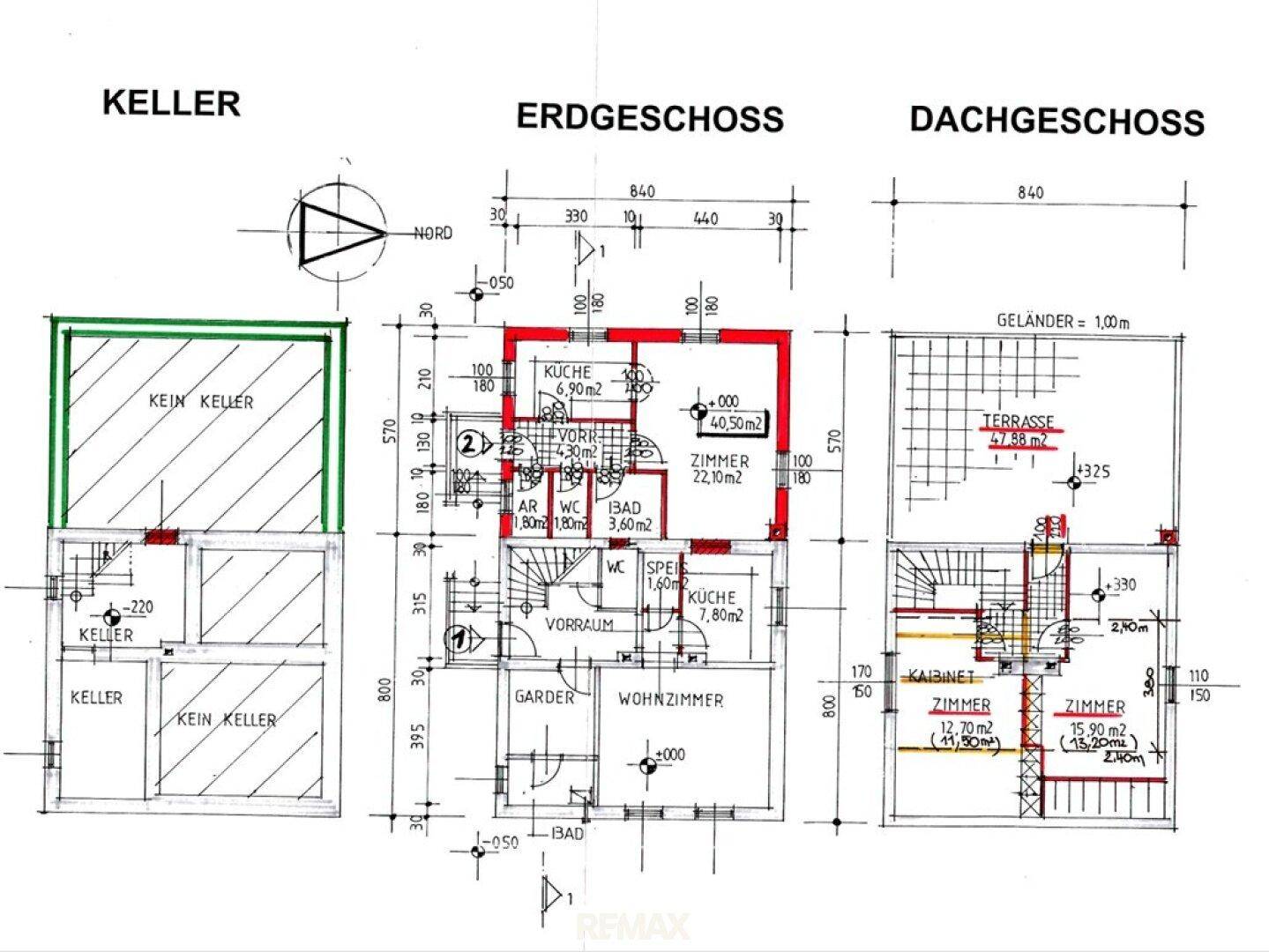 Grundrisspläne für Keller, Erdgeschoss und Dachgeschoss mit detaillierter Raumaufteilung und Flächenangaben.