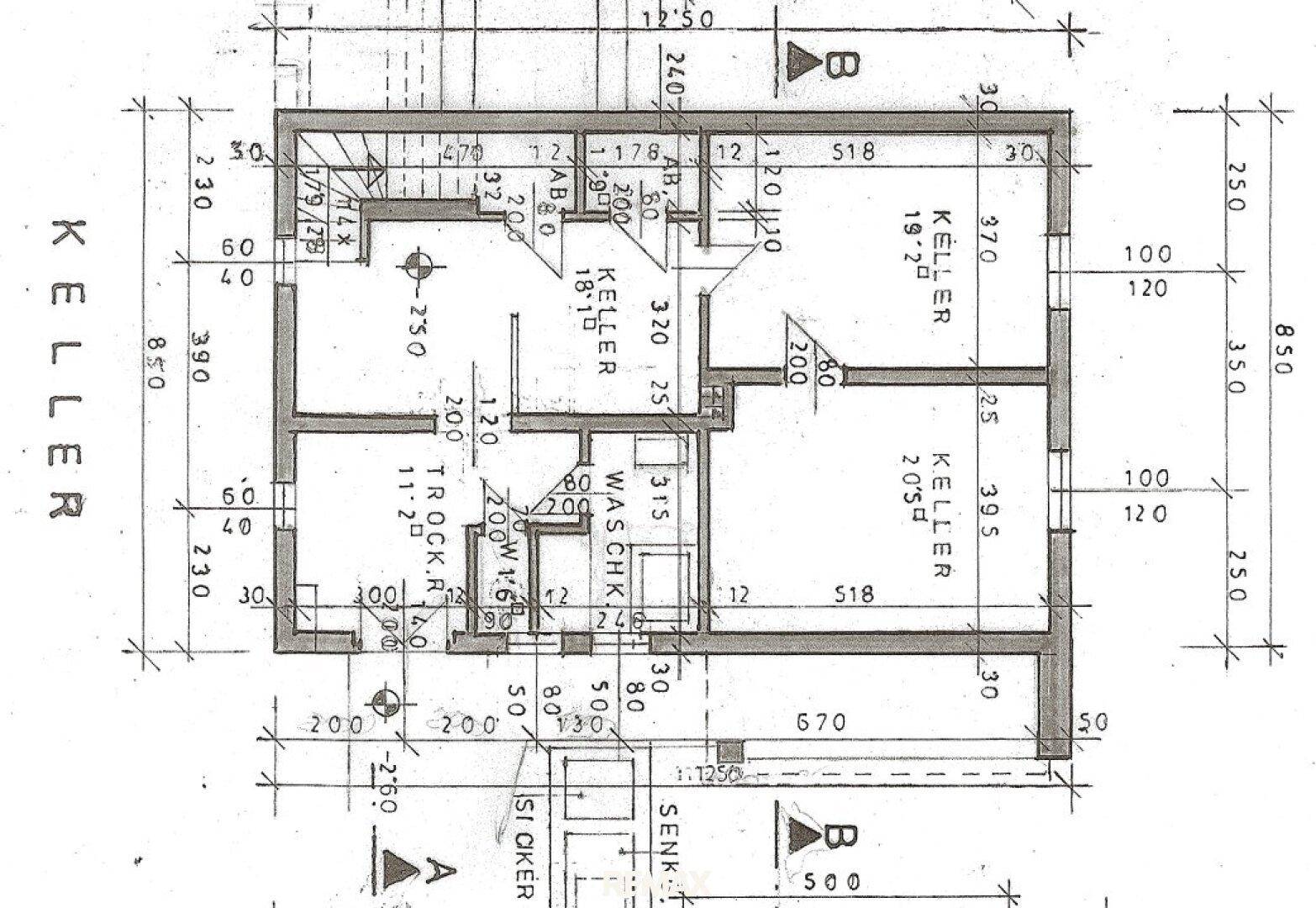 Grundriss des Kellers mit mehreren Kellerräumen, Waschküche und Trockenraum.