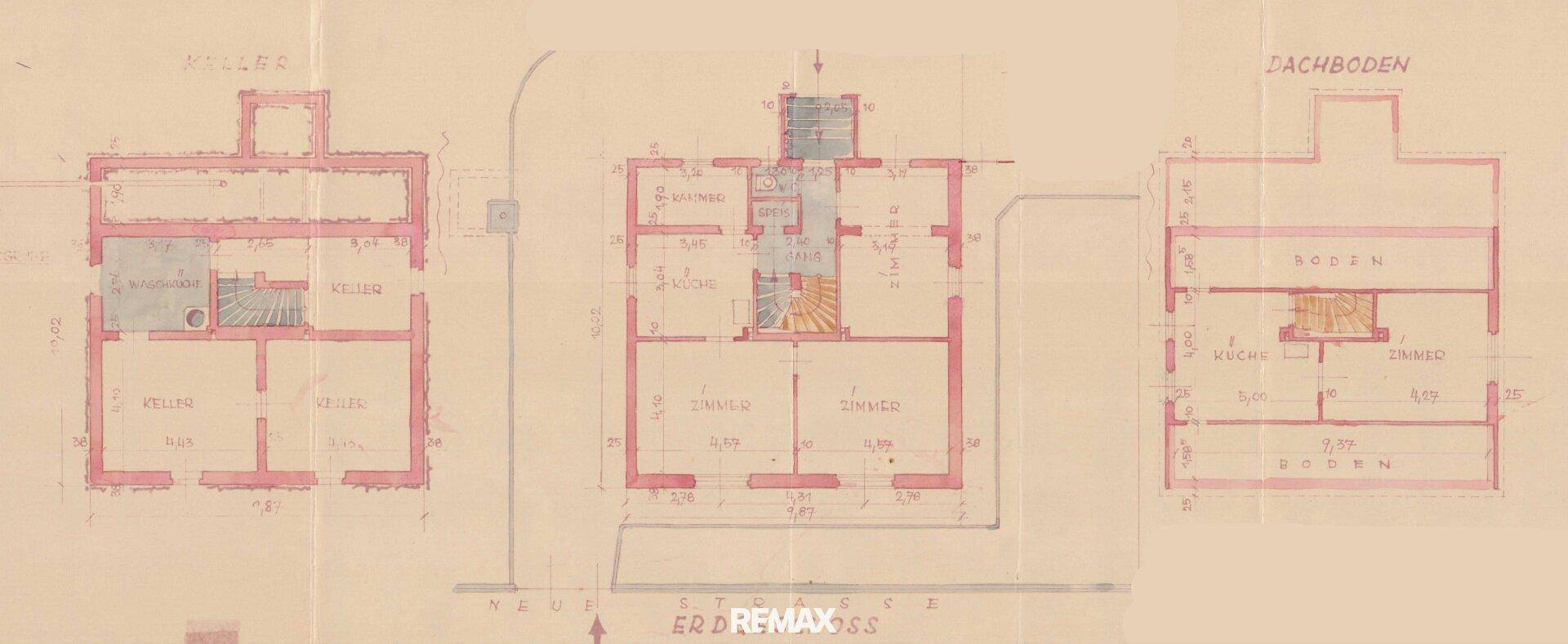 Historischer Grundriss des Kellers, Erdgeschosses und Dachbodens.