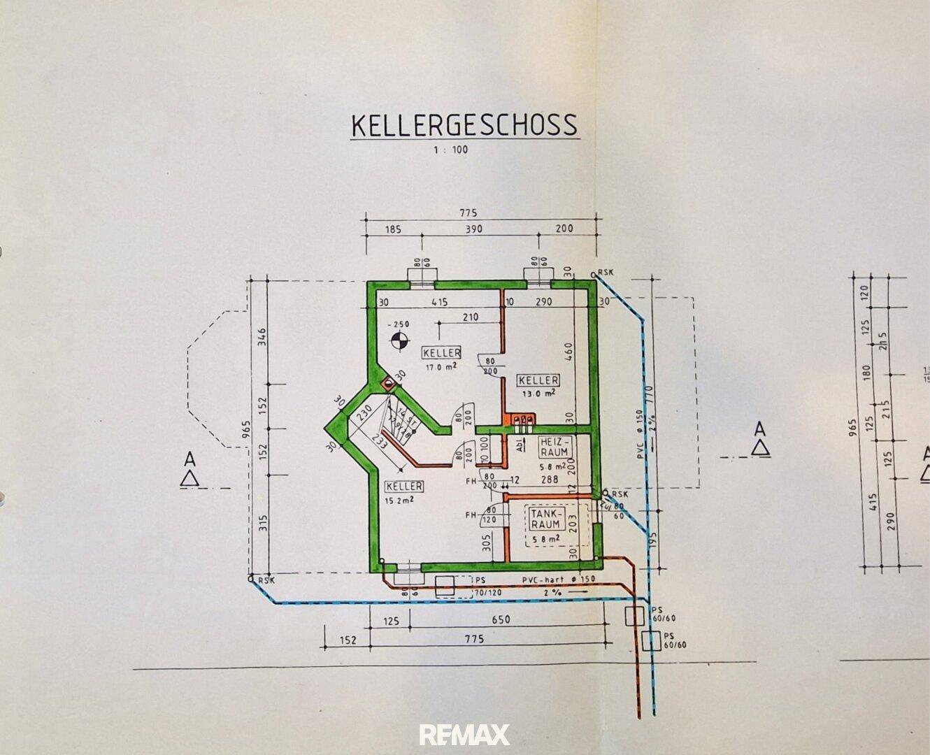 Grundriss des Kellergeschosses mit Kellerräumen und Heizraum.