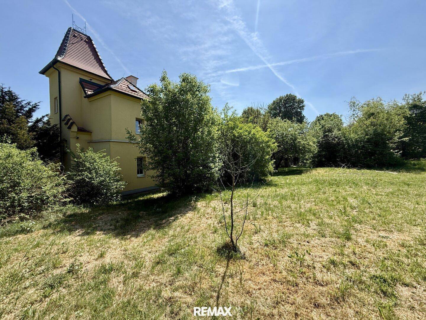 Weitläufiger Garten mit Wiese und Bäumen, umgeben von viel Grün und Natur.