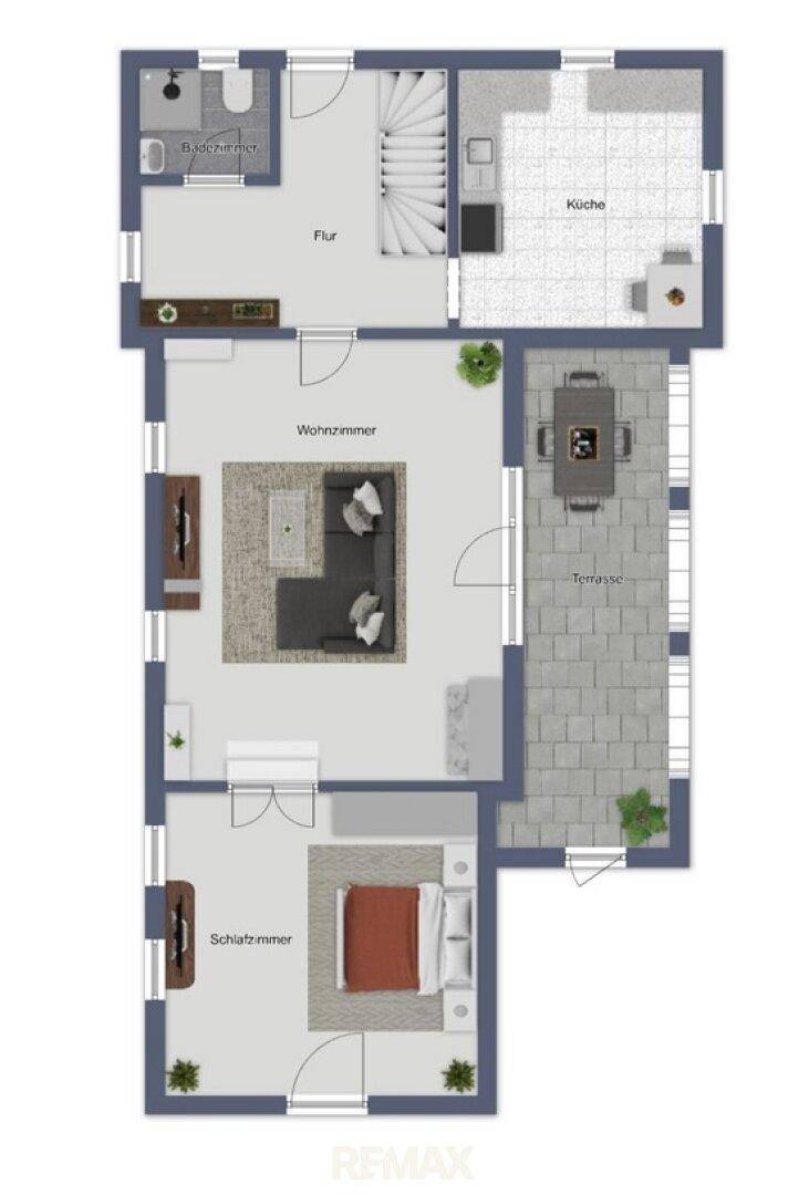 Grundriss zeigt Wohnzimmer, Schlafzimmer, Bad, Küche und eine Terrasse.