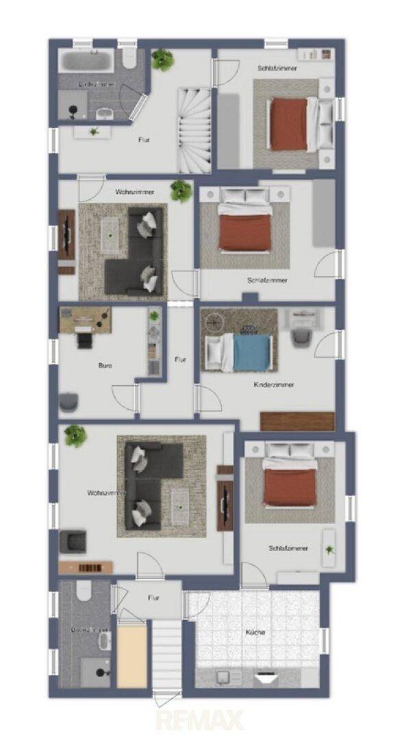 Grundriss zeigt mehrere Schlafzimmer, Wohnzimmer, Büro, Küche und Bäder.
