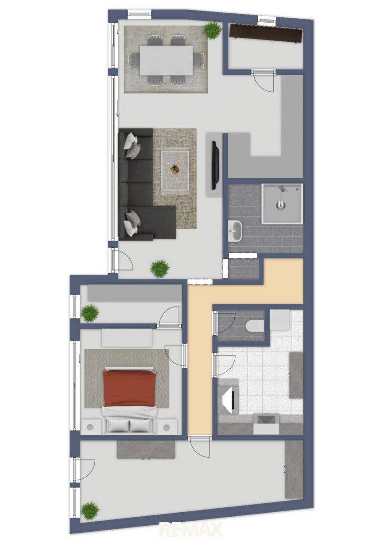 Detaillierter Grundriss einer Wohnung mit offenem Wohnbereich und einem Schlafzimmer.