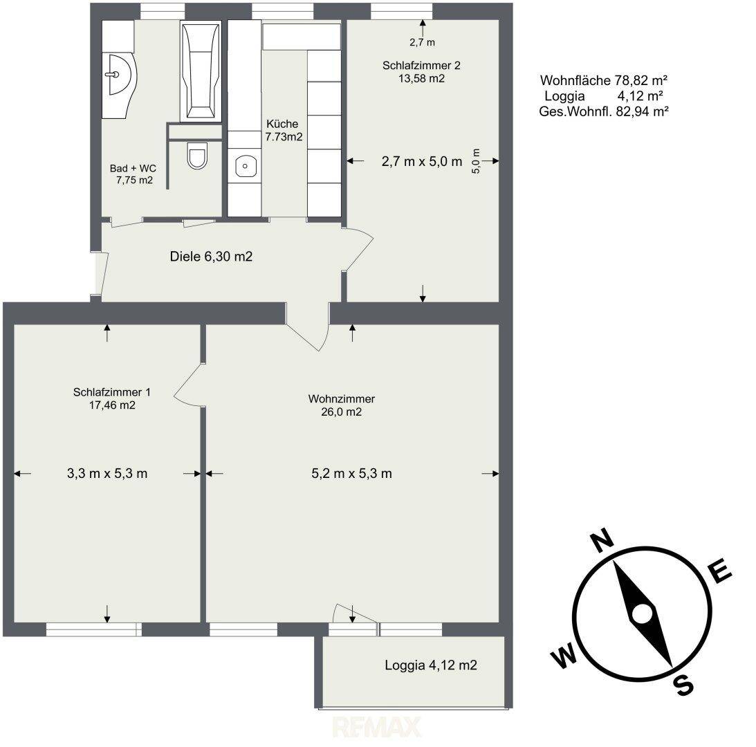Detaillierter Grundriss einer Wohnung mit zwei Schlafzimmern und separater Küche.