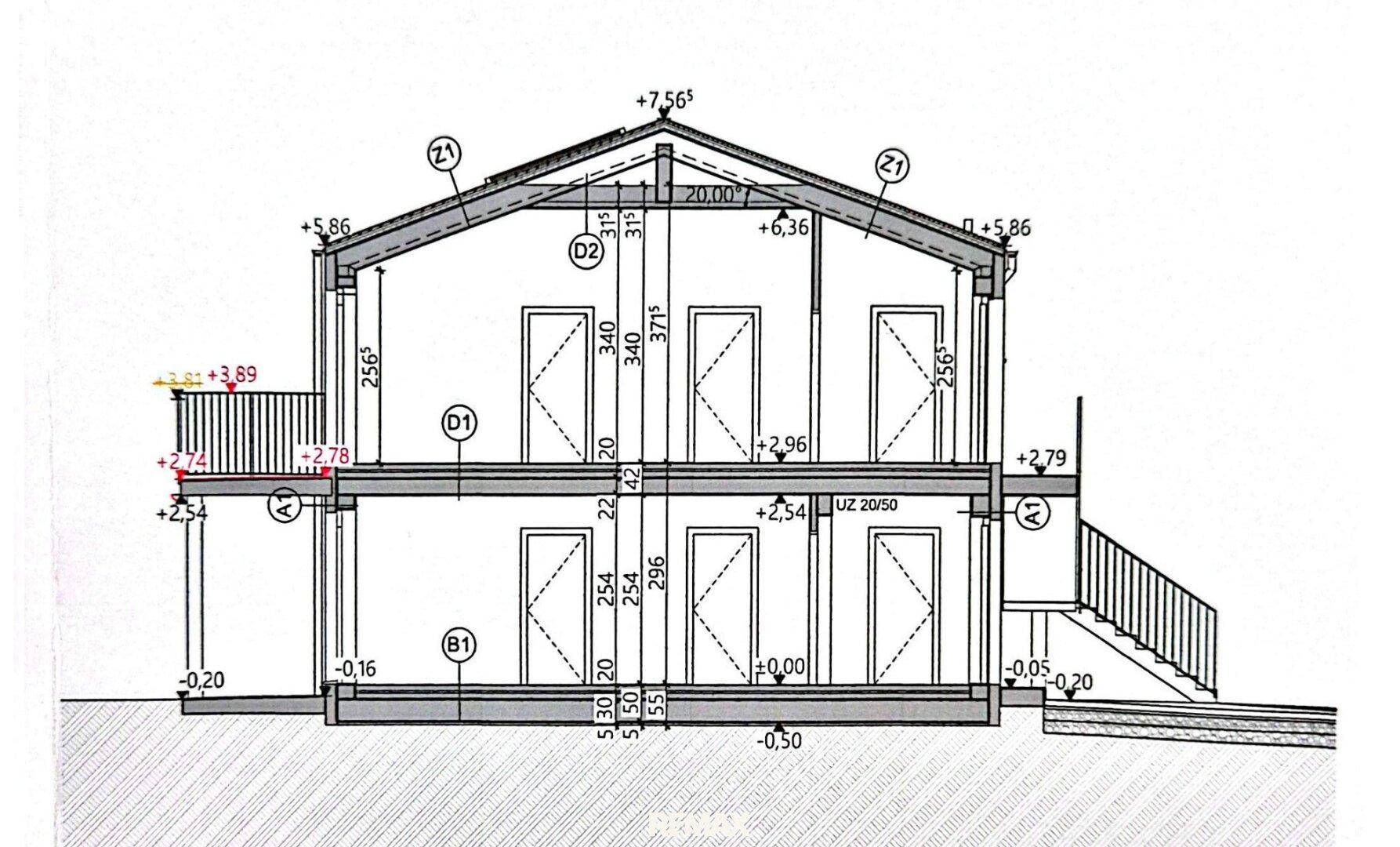 Architektonischer Schnitt durch das Gebäude zeigt die Geschosse und Dachkonstruktion.