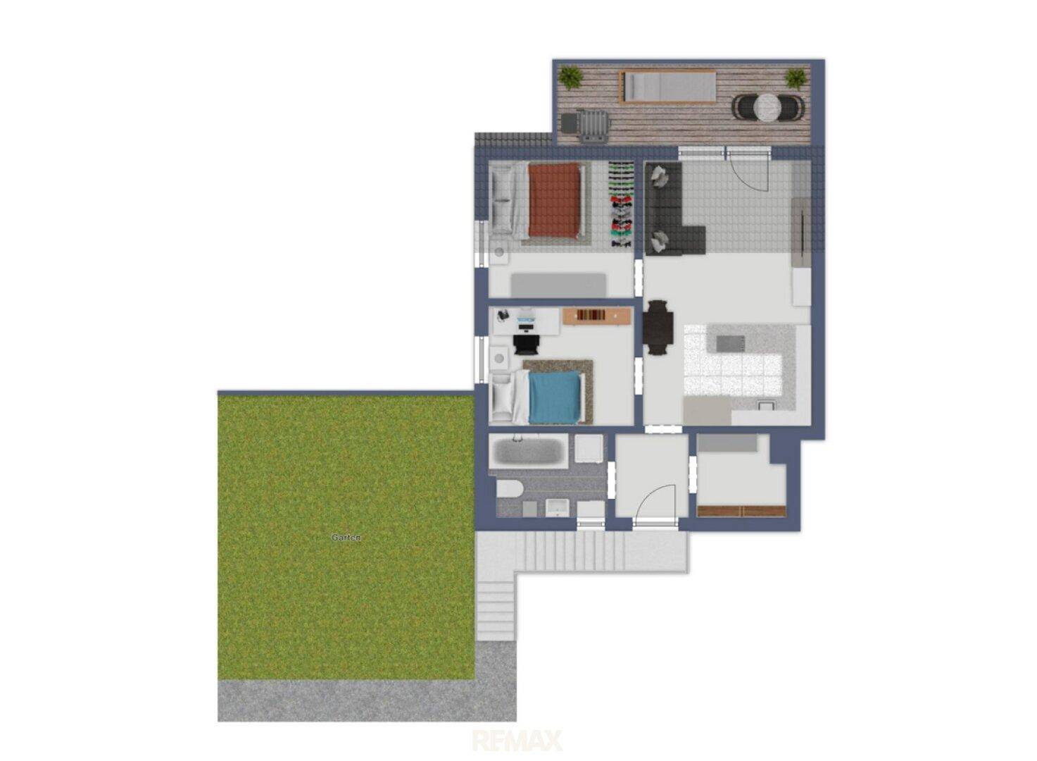 Detaillierter Grundriss mit Garten, Balkon und offener Raumaufteilung.