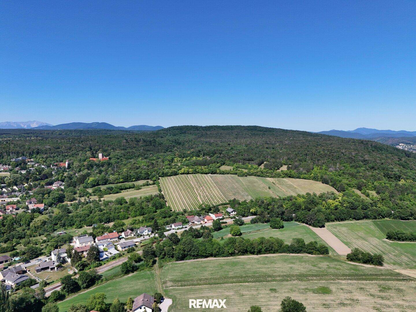 Panoramablick aus der Luft auf eine malerische Landschaft mit Weinbergen, Wäldern und einer Siedlung.