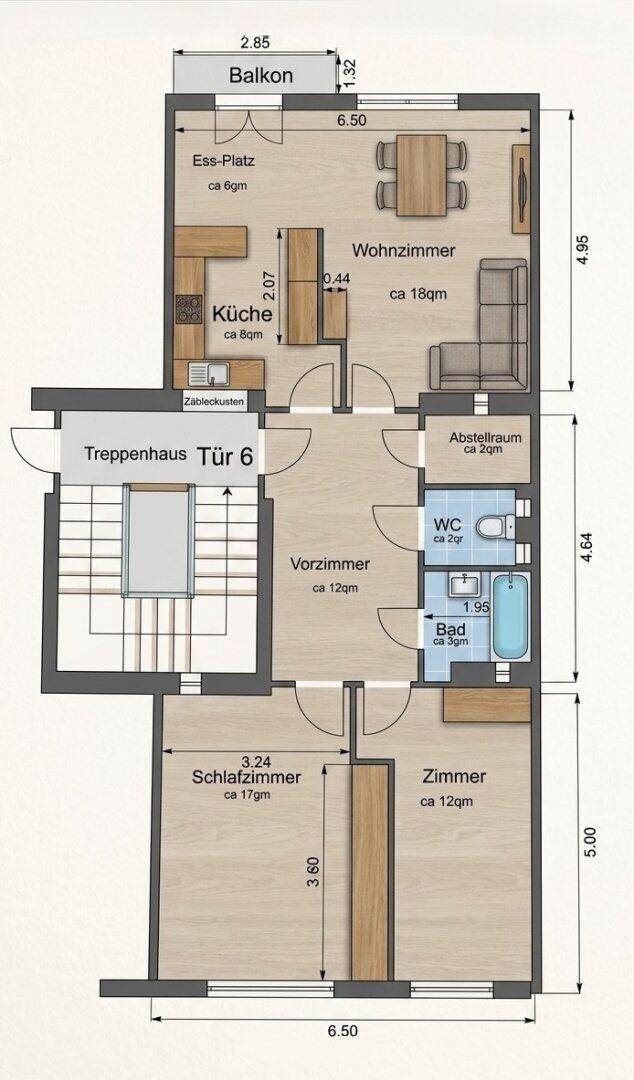Detaillierter Grundriss der Wohnung mit Balkon, Wohnzimmer und mehreren Schlafzimmern.