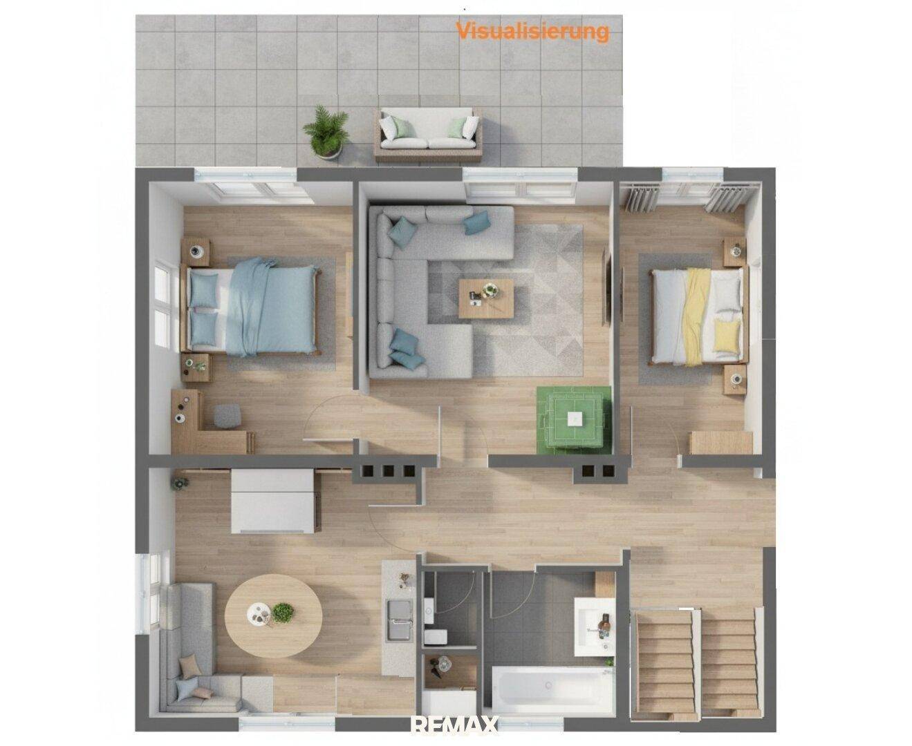 Möblierter Grundriss einer Wohnung mit zwei Schlafzimmern, Wohnbereich und Terrasse.