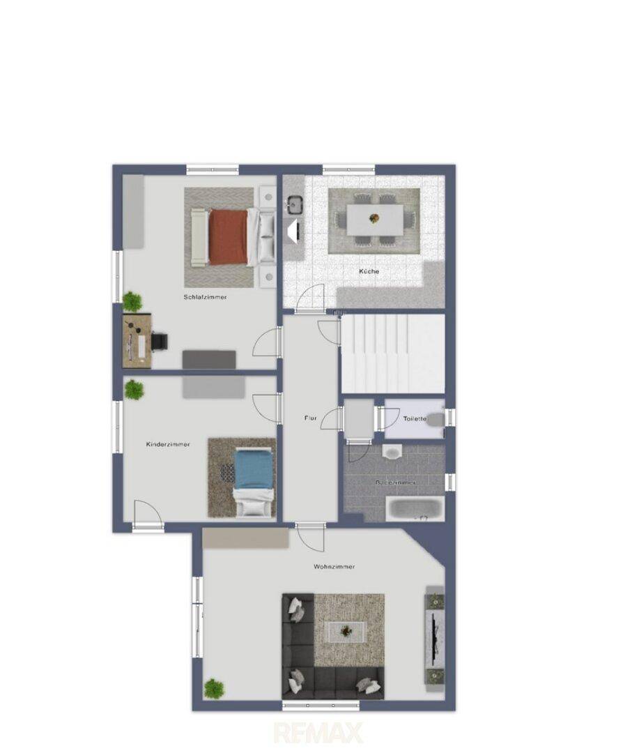 Detaillierter Grundriss des Erdgeschosses mit Schlafzimmern, Küche und Wohnzimmer.