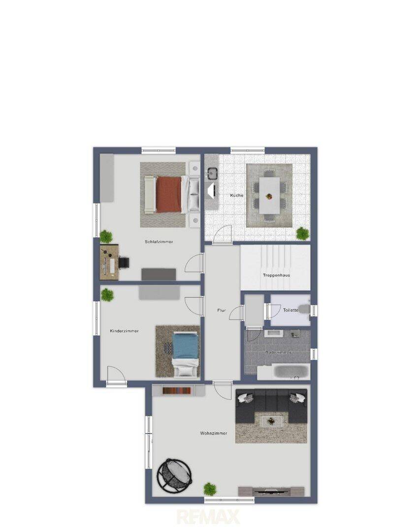 Detaillierter Grundriss des Erdgeschosses mit Schlafzimmern, Küche und Wohnzimmer.
