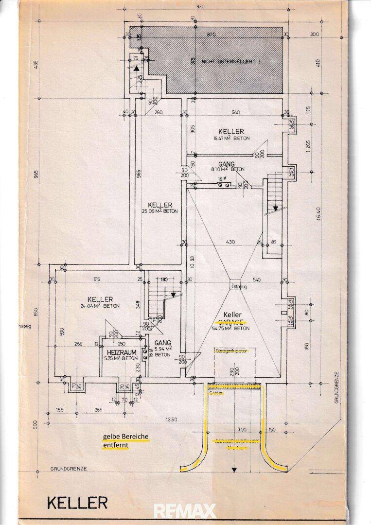 Grundriss des Kellers mit verschiedenen Kellerräumen und Garage.