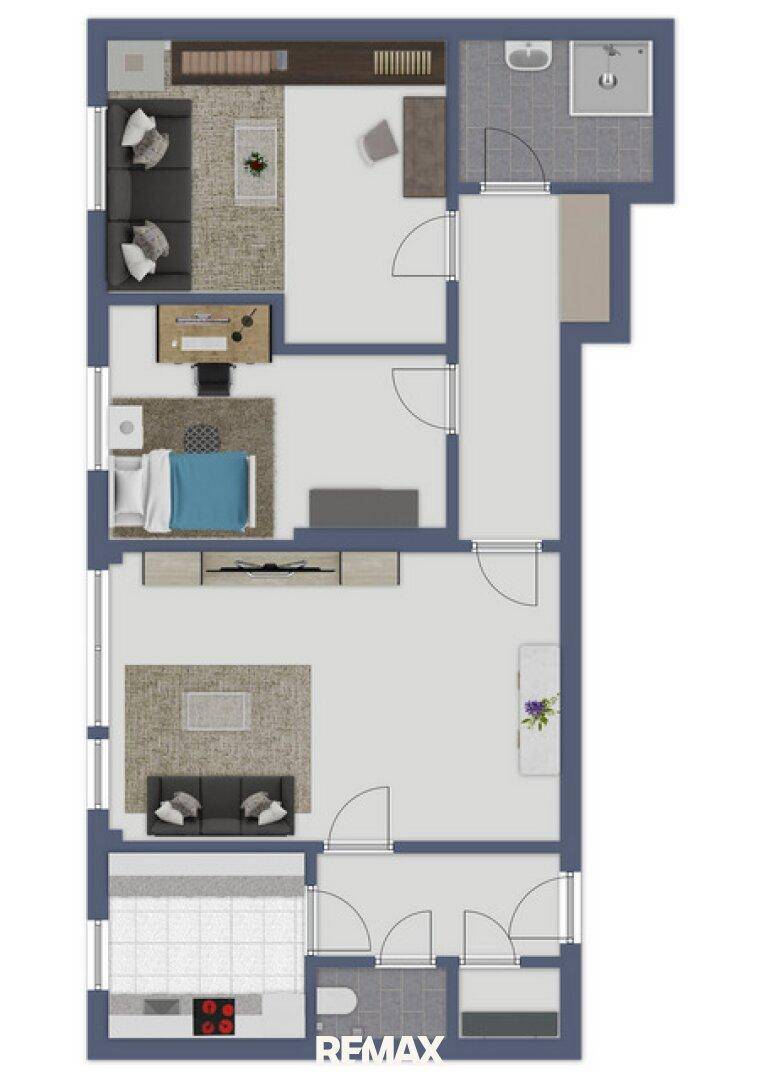 Grundriss einer Wohnung mit Küche, Wohnzimmer, Schlafzimmer und Badezimmer.