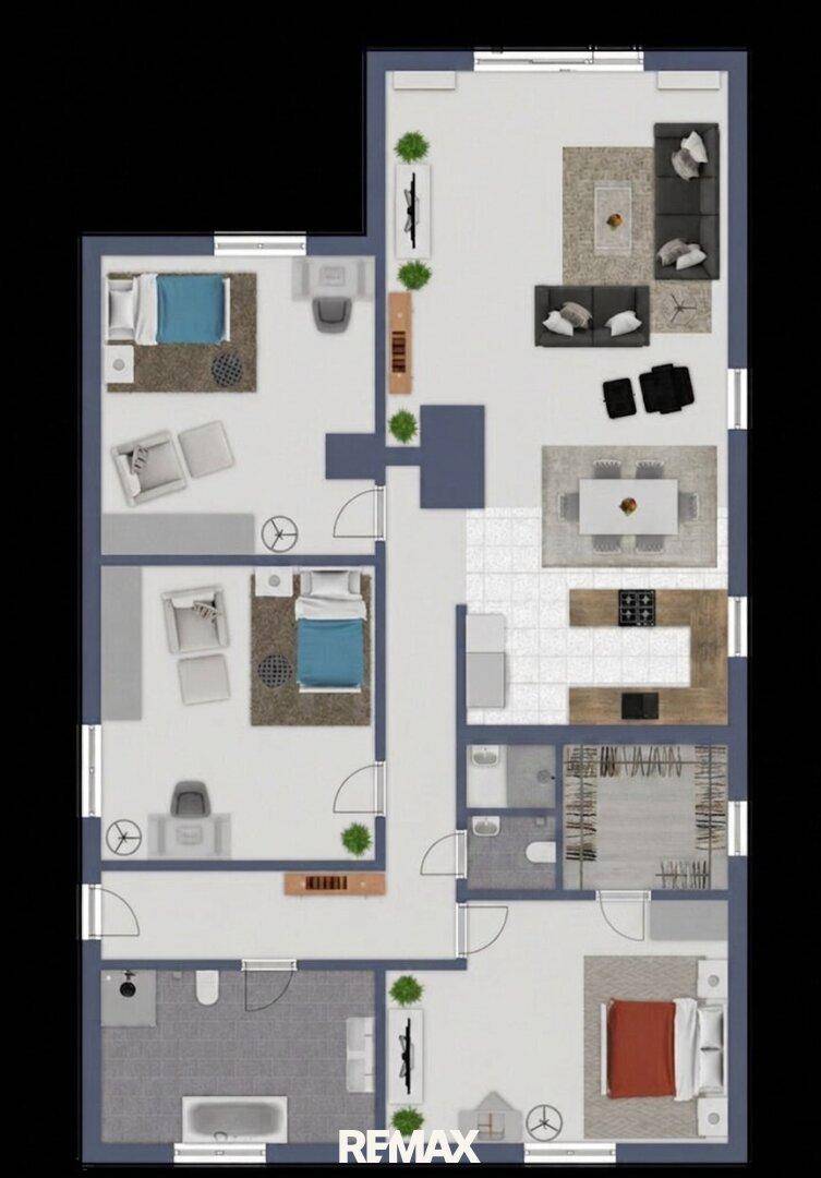 Detaillierter Grundriss der Immobilie mit mehreren Schlafzimmern und offenem Wohnbereich.
