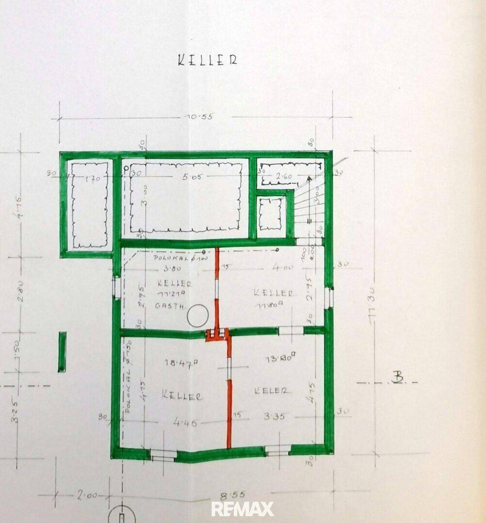 Grundriss des Kellers mit verschiedenen Kellerräumen und Treppenaufgang.