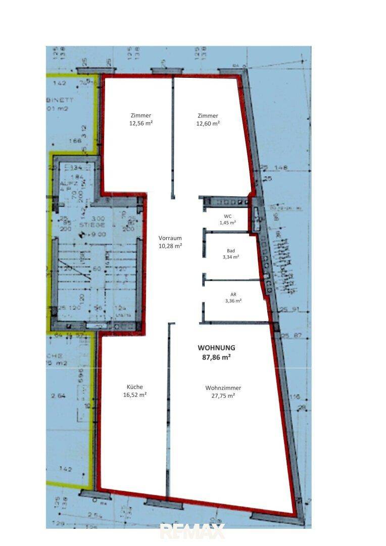Grundriss der Wohnung mit Zimmeraufteilung, WC, Bad und Wohnzimmer.