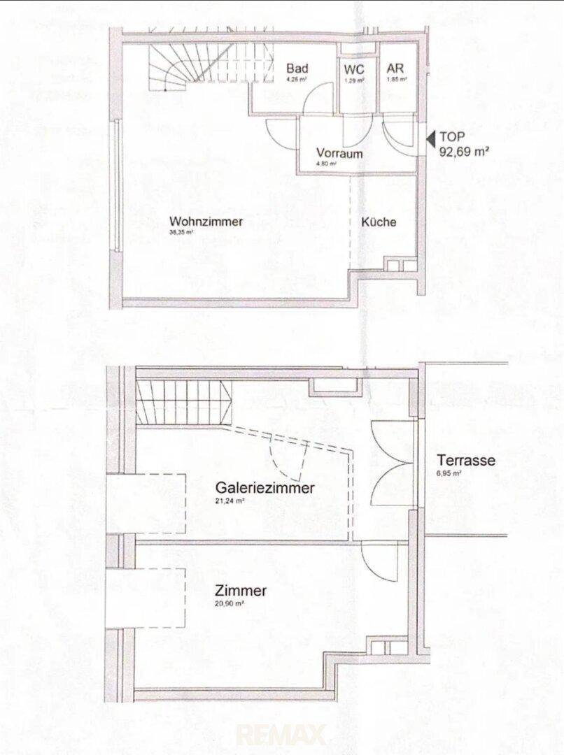 Grundrissplan mit zwei Ebenen, Wohnzimmer, Küche, Bad, WC, Galeriezimmer und Terrasse, insgesamt 92,69 m².