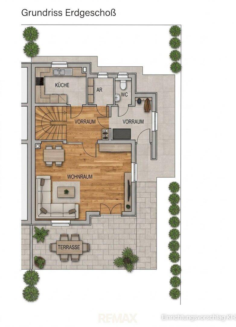 Grundriss des Erdgeschosses mit offener Küche, Wohnbereich, WC und Terrasse.