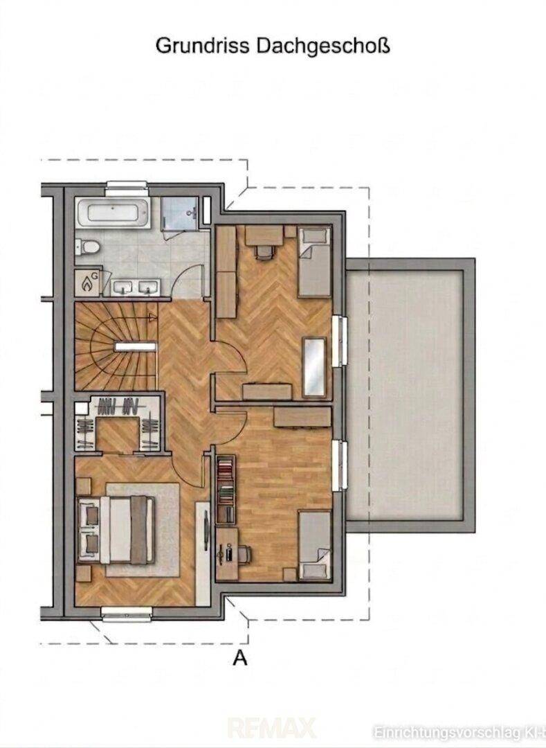 Grundriss des Dachgeschosses mit Schlafzimmern, Bad, Treppe und Zugang zu einem Balkon.