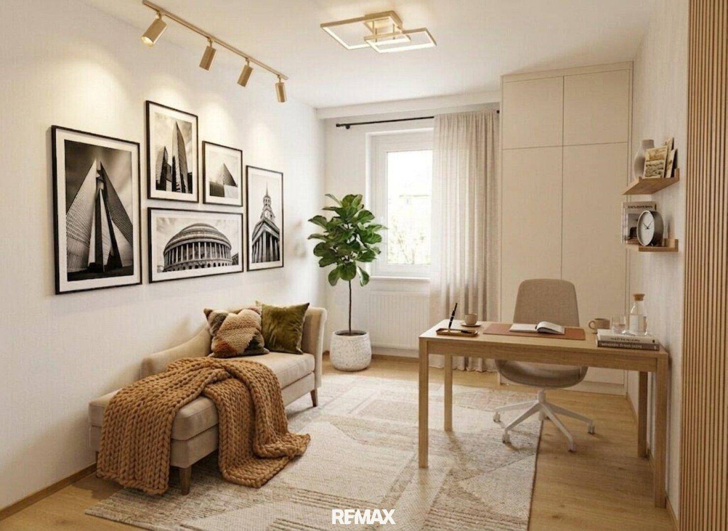 Stilvolles Arbeitszimmer mit Schreibtisch, bequemer Liege und moderner Wanddekoration.