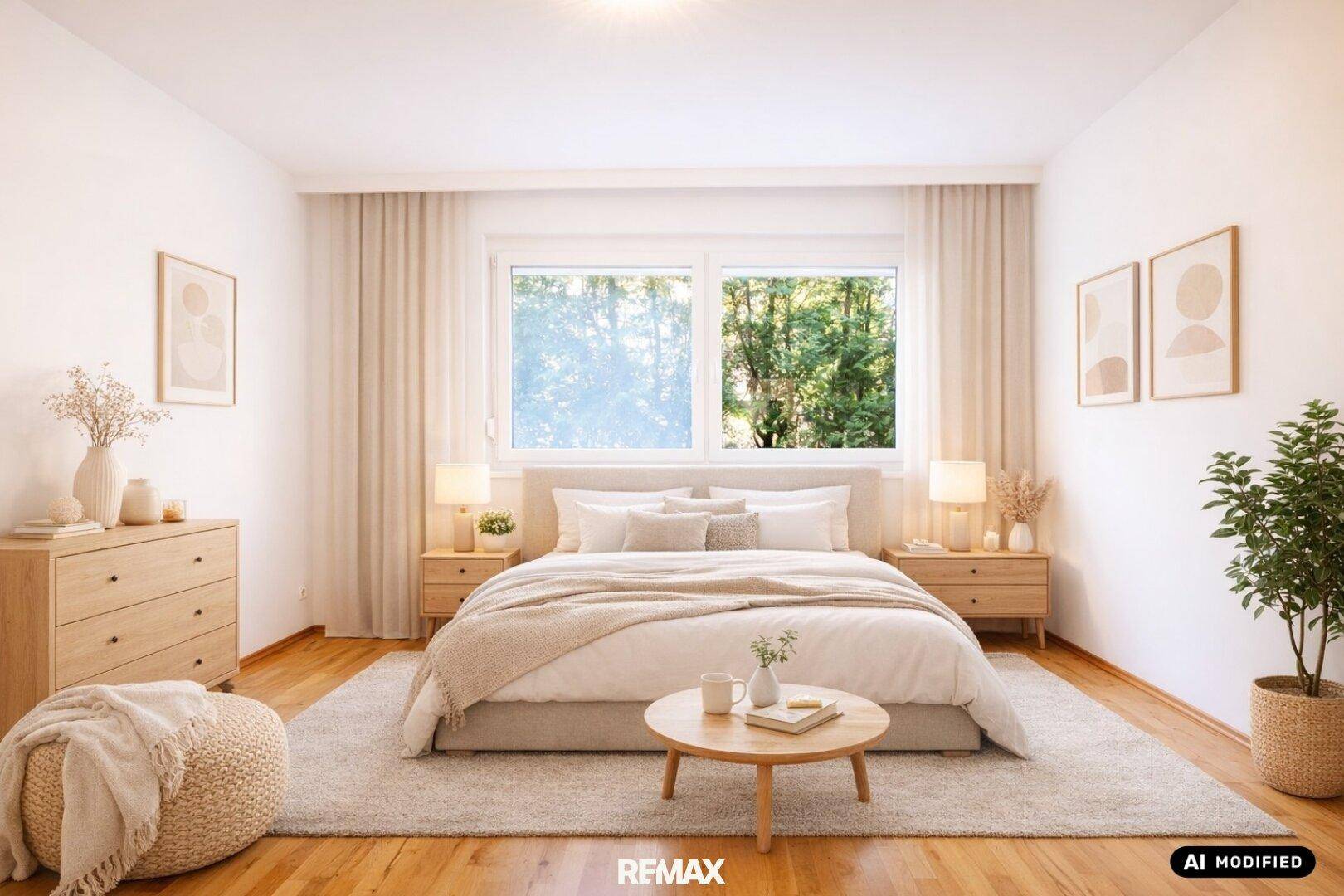 Helles Schlafzimmer mit Holzboden, großem Bett, Nachttischen und Blick ins Grüne.
