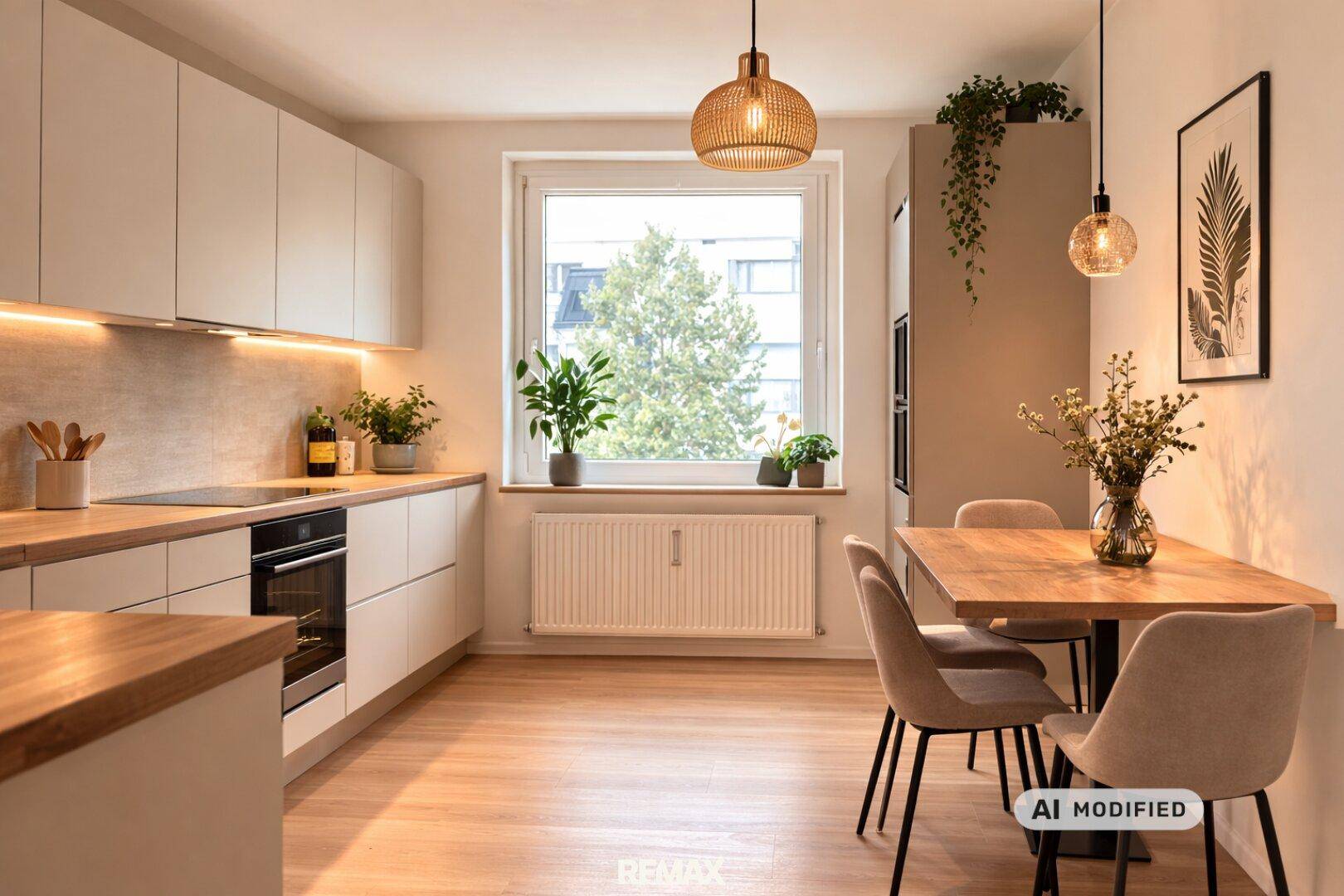 Moderne Küche mit Holzarbeitsplatten, integrierten Geräten und Essbereich am Fenster.