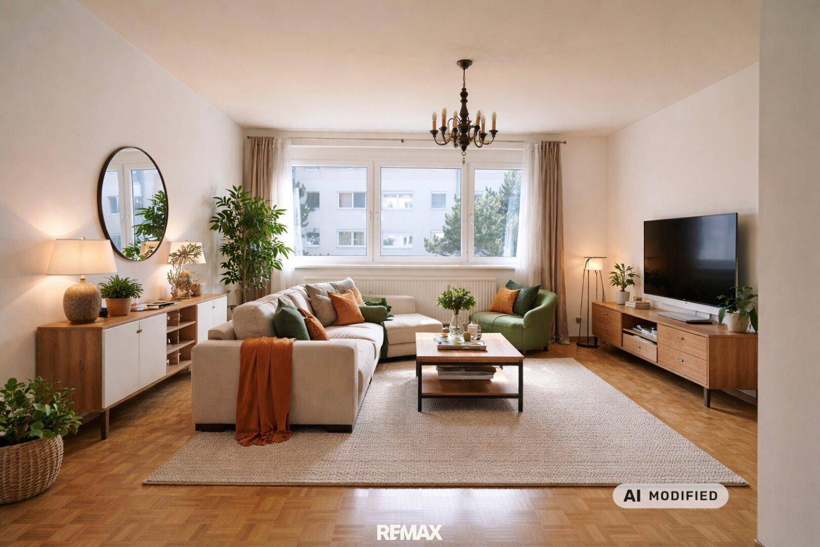 Helles Wohnzimmer mit beigem Sofa, Holzboden und Blick ins Grüne durch große Fenster.