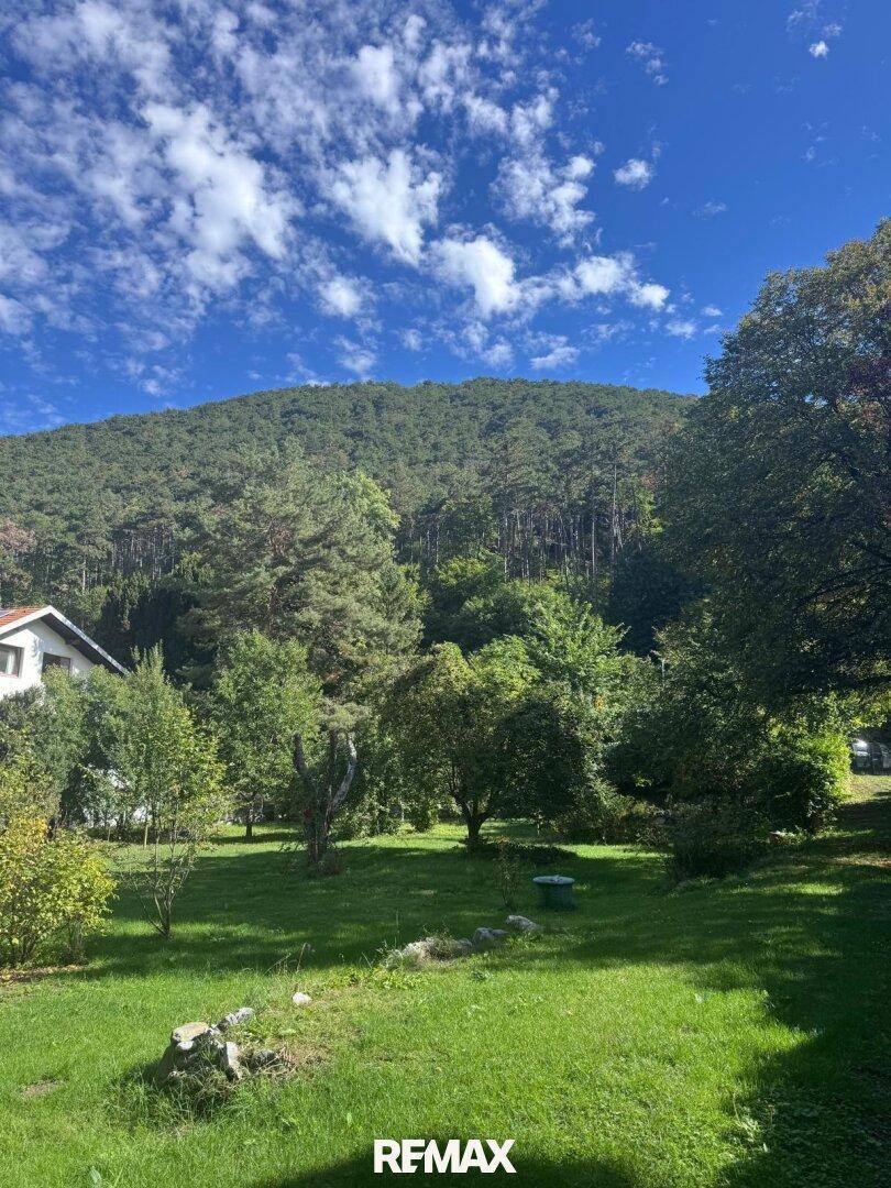 Großer Garten mit Rasenfläche und Baumbestand, angrenzend an ein Wohnhaus mit Bergblick.