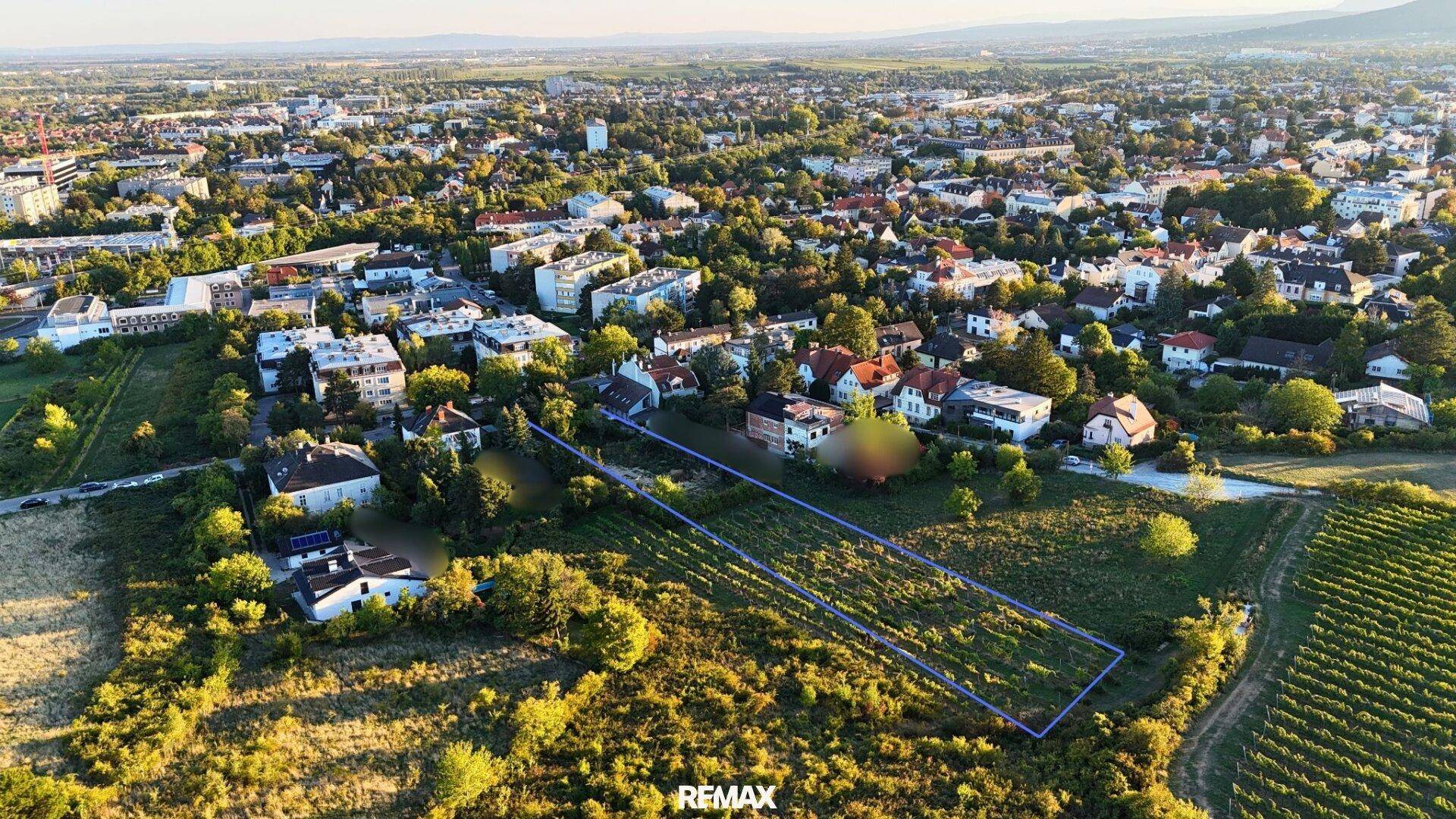 Luftaufnahme des Baugrundstücks mit Blick auf die umliegende Stadt und Weinberge.