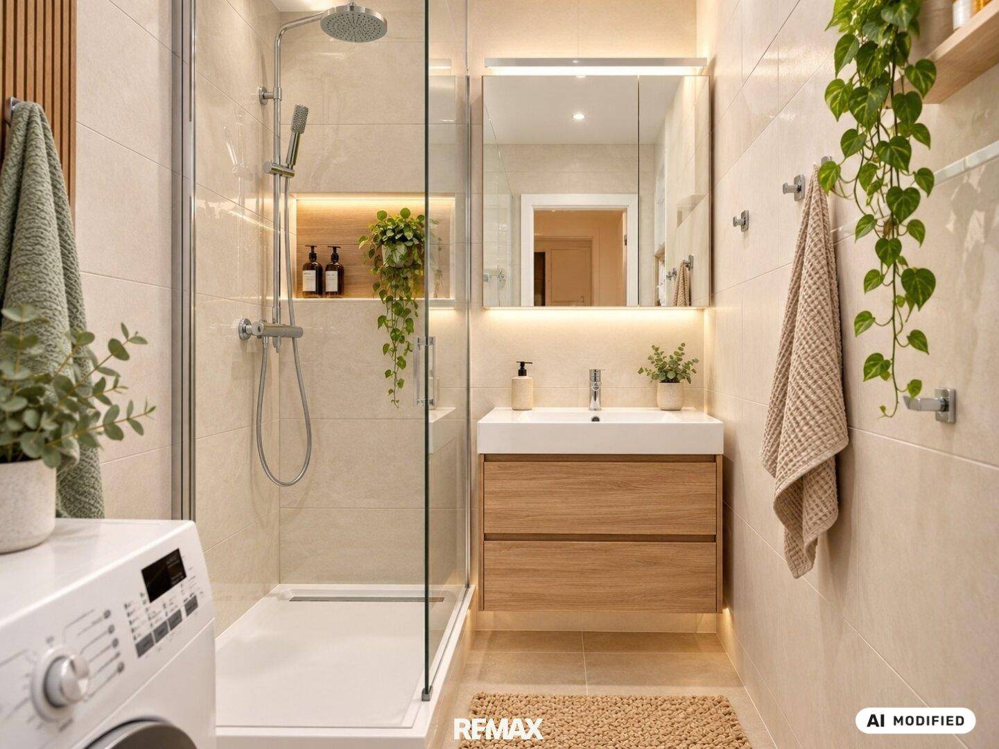 Modernes Badezimmer mit begehbarer Dusche, Holzwaschtisch und Pflanzenakzenten.