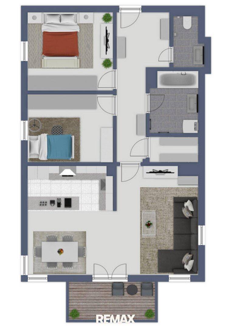 Farbiger Grundriss der Wohnung mit Möblierung und Raumfunktionen.
