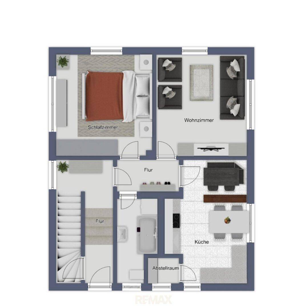 Grundriss des Erdgeschosses mit Schlafzimmer, Wohnzimmer, Küche und Abstellraum.