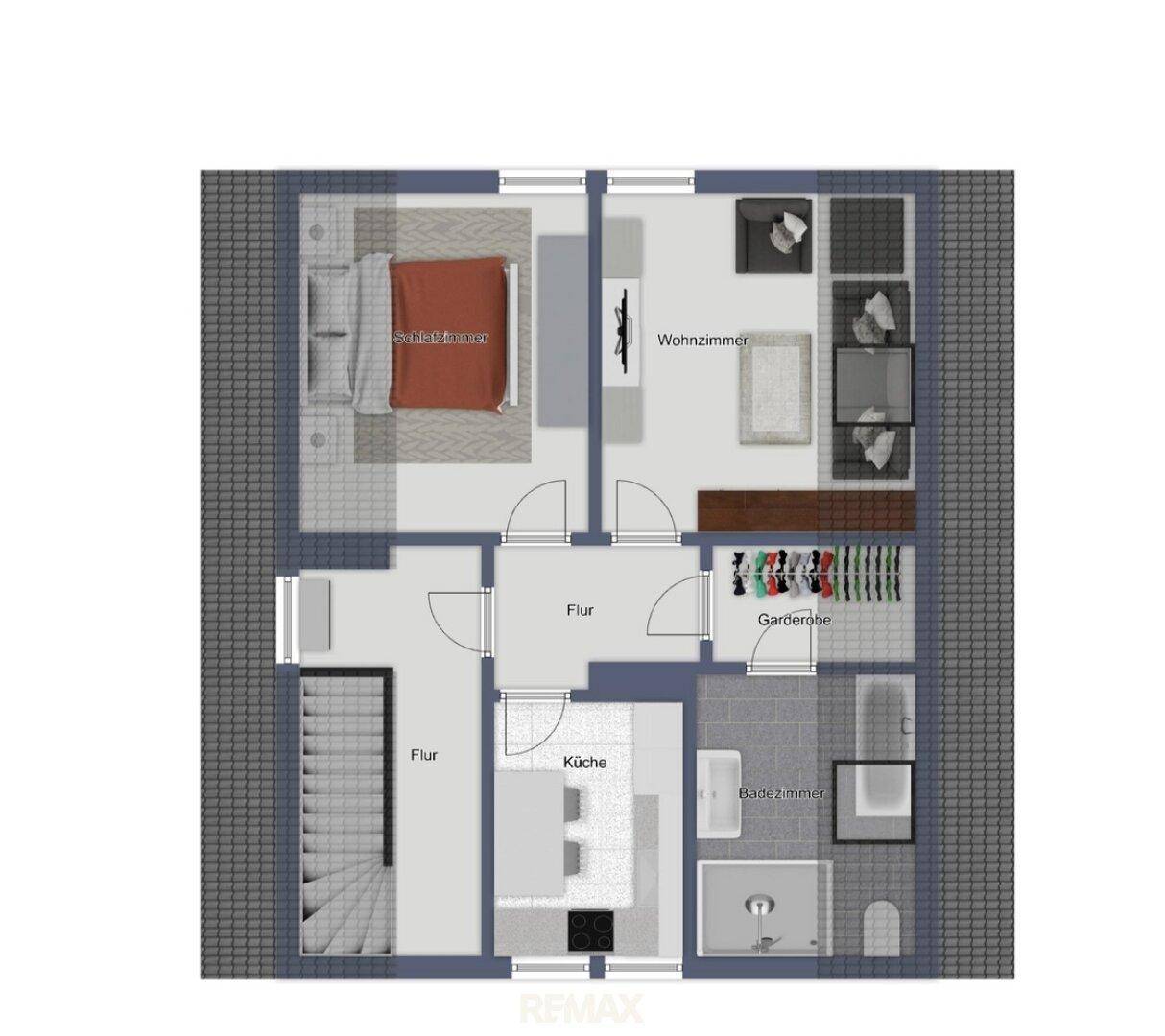 Grundriss des Obergeschosses mit Schlafzimmer, Wohnzimmer, Küche und Badezimmer.