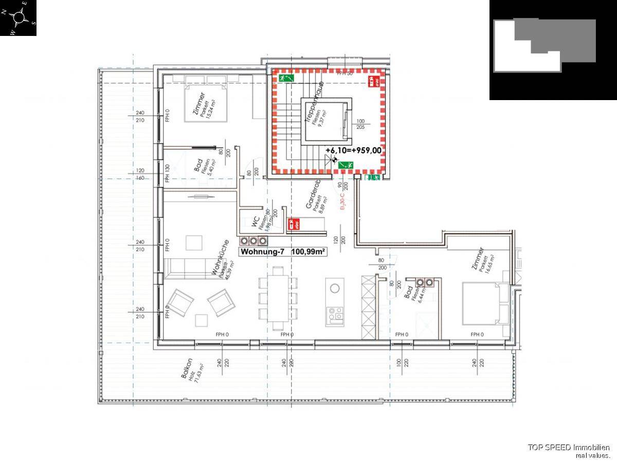 Grundriss einer Wohnung mit offenem Wohn-Essbereich, zwei Schlafzimmern, zwei Bädern und Balkon.