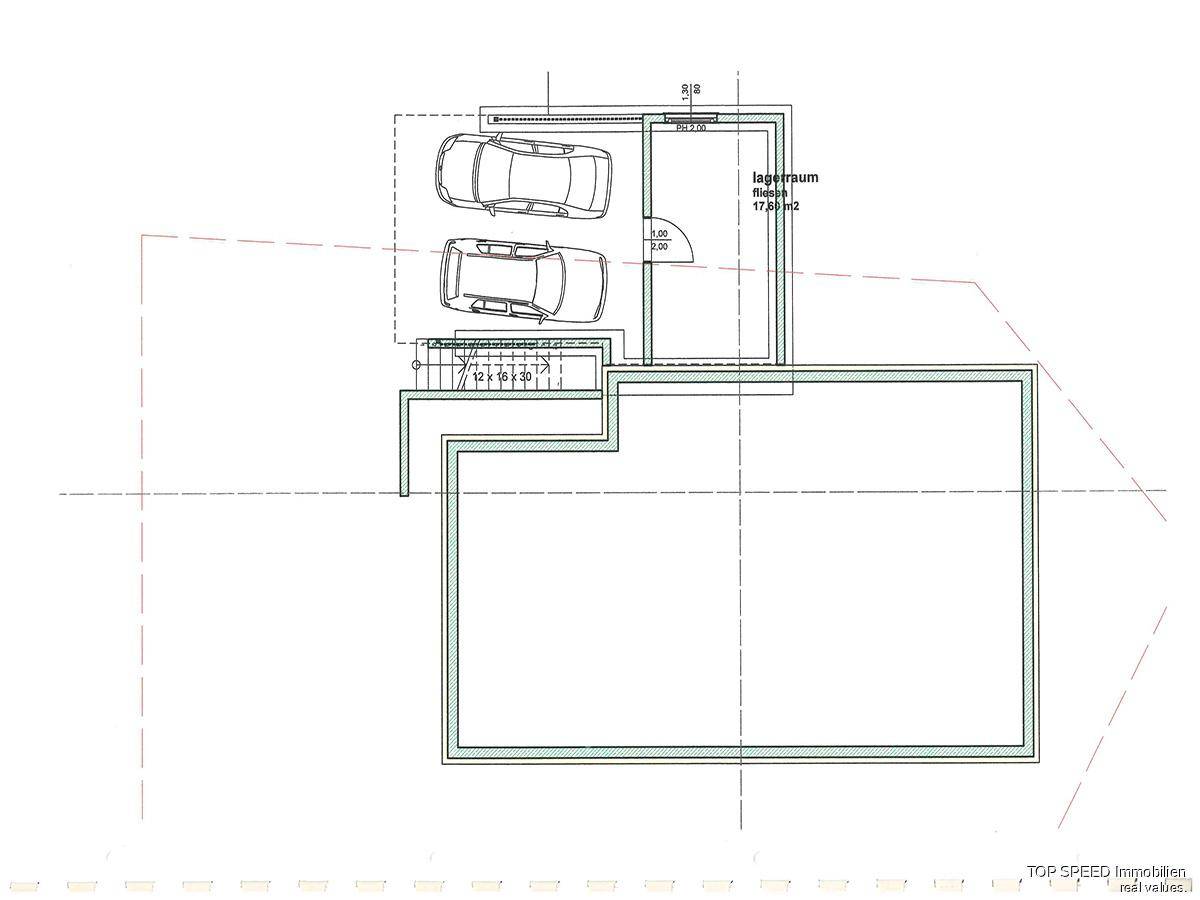 Grundriss des Garagenniveaus mit Stellplätzen und Lagerraum.