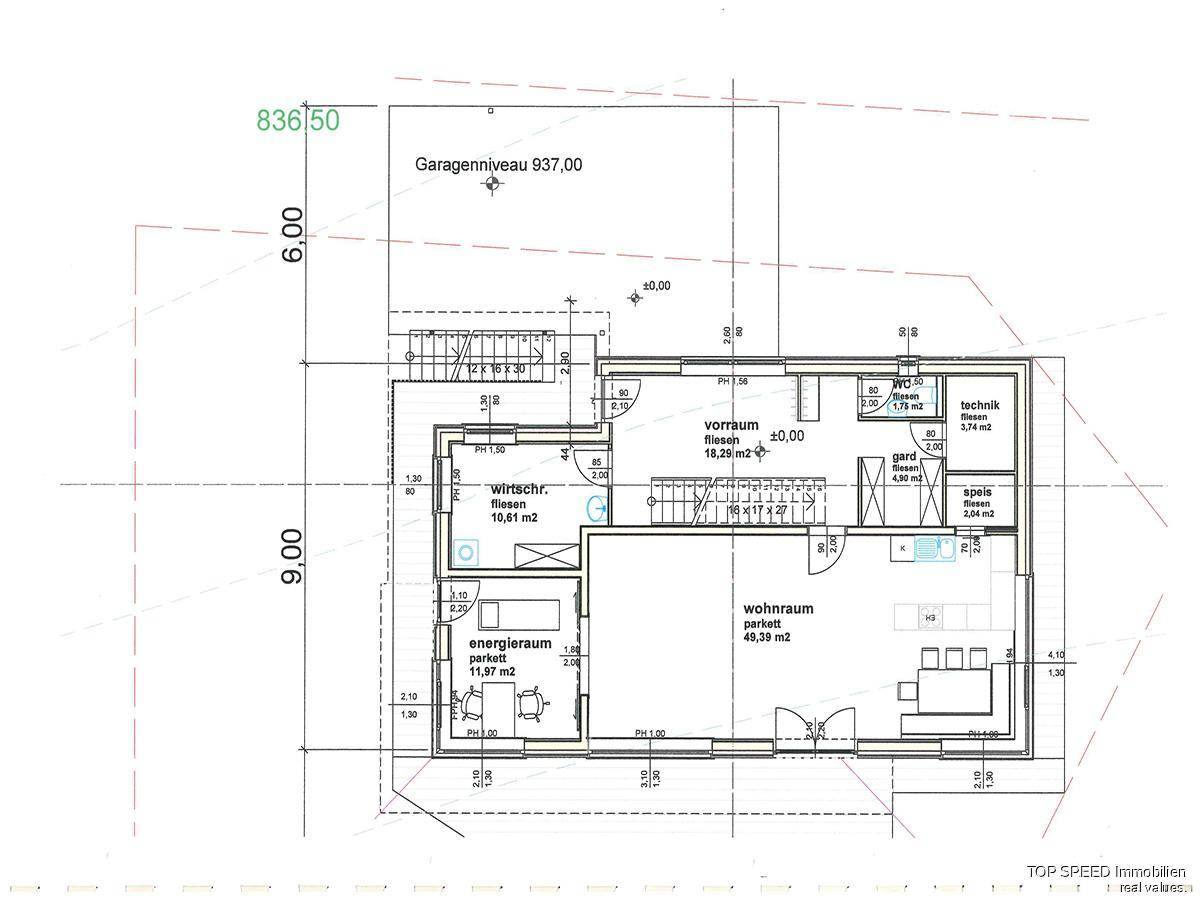 Grundriss des Erdgeschosses mit Wohnraum, Technikraum und Wirtschaftsbereich.
