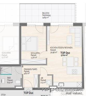 Grundriss einer Wohnung mit offenem Wohnbereich, einem Schlafzimmer und Balkon.